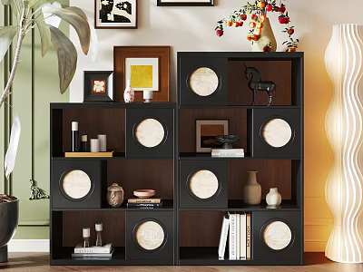 Modern Entryway Cabinet Sideboard with Circular Decor Books Vases and Green Plants 3d model
