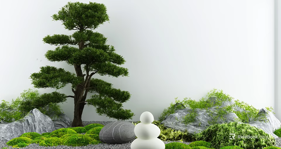 Serene Courtyard Garden with Tall Pine Tree Stacked White Stones Green Moss and Rocks 3d model 