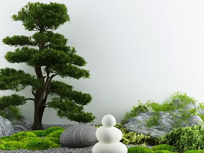 Serene Courtyard Garden with Tall Pine Tree Stacked White Stones Green Moss and Rocks 3d model