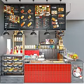 Vibrant Restaurant Interior With Hanging Menu Boards Red Tile Counter And Food Display Cases
