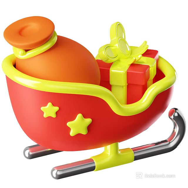Red Sleigh With Yellow Stars Orange Bottle And Red Gift Box With Yellow Bow 3d model 