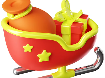 Red Sleigh With Yellow Stars Orange Bottle And Red Gift Box With Yellow Bow 3d model