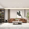 Modern Living and Dining Room with Brown Sofa Gray Rug Green Plant and Decorative Art
