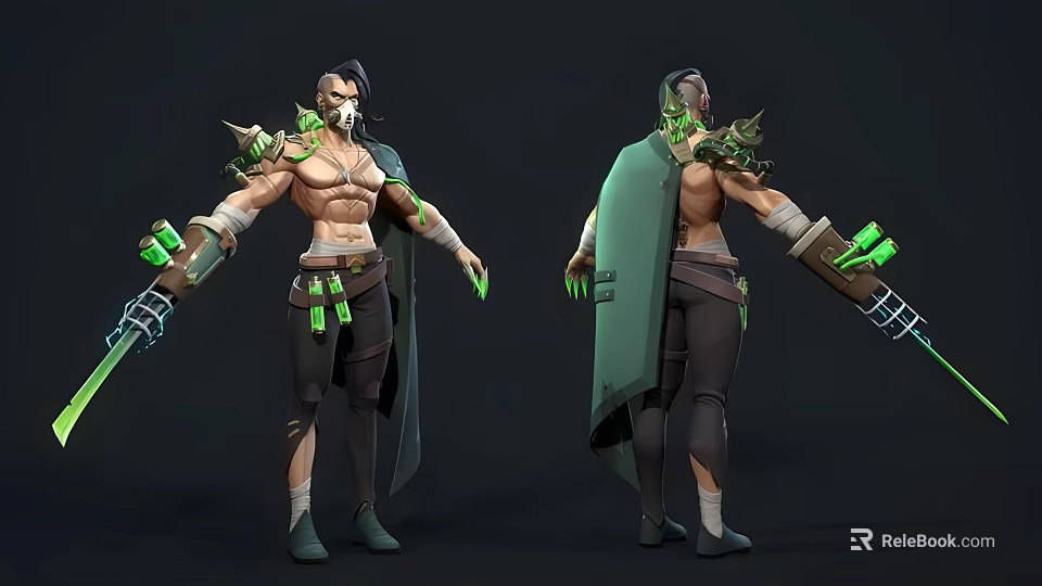Game Movie Character 3D Model Featuring Green Glowing Elements And Cloak Design 3d model 