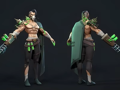 Game Movie Character 3D Model Featuring Green Glowing Elements And Cloak Design 3d model