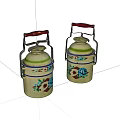 Vintage Cream Colored Storage Containers With Floral Patterns And Red Handles