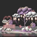 Stylish Check-in Photo Spot With Pink Purple Clouds Stars Lanterns Flowers And Bench