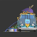 Cartoon Camper Van Scene With Colorful Decor Outdoor Mat And Potted Plant Accessories