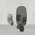 Large And Small Oval Mirrors With Black White Bases Gray Wall Reflecting Black Chairs Tables