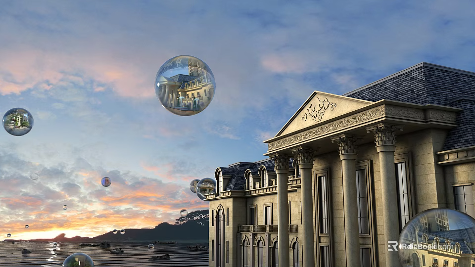 European Architecture With Floating Glass Bubbles Reflecting Sunset Sky Grand Columns And Ornate Facade Design 3d model 