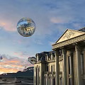 European Architecture With Floating Glass Bubbles Reflecting Sunset Sky Grand Columns And Ornate Facade Design
