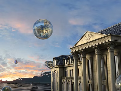 European Architecture With Floating Glass Bubbles Reflecting Sunset Sky Grand Columns And Ornate Facade Design 3d model