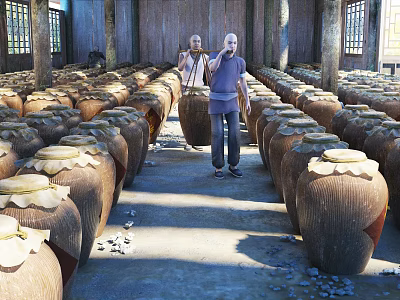 Authentic Restaurant Storage Area With Neatly Arranged Earthen Jars And Men Carrying Goods 3d model