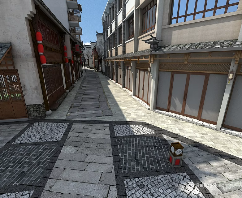Traditional Commercial Street With Stone Paved Path Red Lanterns And Storefronts 3d model 