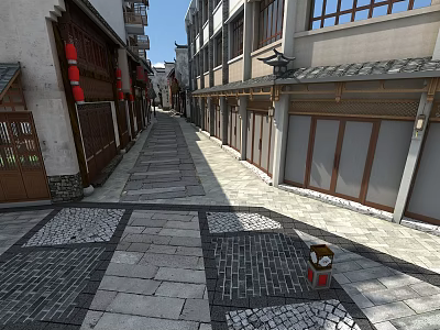 Traditional Commercial Street With Stone Paved Path Red Lanterns And Storefronts 3d model