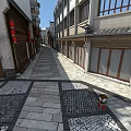 Traditional Commercial Street With Stone Paved Path Red Lanterns And Storefronts