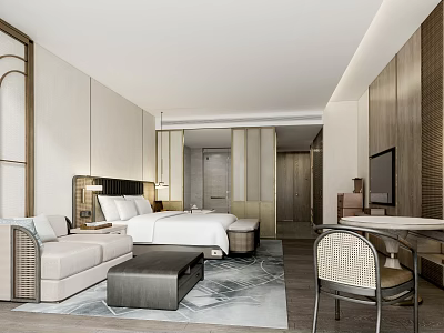 Elegant Hotel Guest Room With Comfortable Bed Sofa Coffee Table TV Decorative Wall And Lighting 3d model