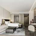 Elegant Hotel Guest Room With Comfortable Bed Sofa Coffee Table TV Decorative Wall And Lighting