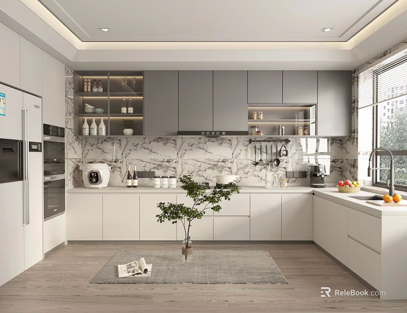 Modern Kitchen Interior With White Gray Cabinets Marble Countertops Appliances Window Green Plant And Rug 3d model 