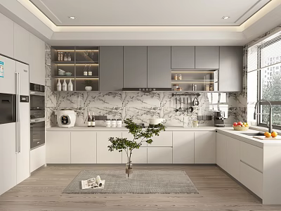 Modern Kitchen Interior With White Gray Cabinets Marble Countertops Appliances Window Green Plant And Rug 3d model