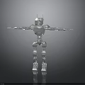 Silver Robot Character With Metallic Body Extended Arms Standing On Dark Background With Reflection