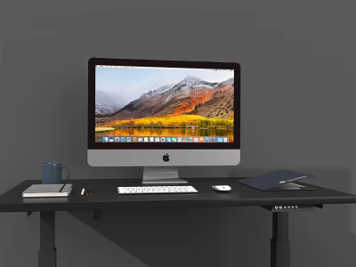 iMac Desktop Computer On Black Desk With Scenic Display Mouse Pad Notebook And Mug 3d model