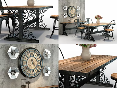 Wooden Top Iron Legs Dining Table Set With Chairs Vase Wall Clock And Mirrors 3d model