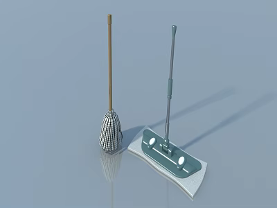 Wooden Handle Broom And Green Handle Mop With White Cleaning Head 3d model