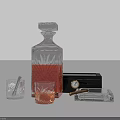 Elegant Crystal Decanter and Glasses with Red Liquid alongside Cigar Ashtray and Black Box