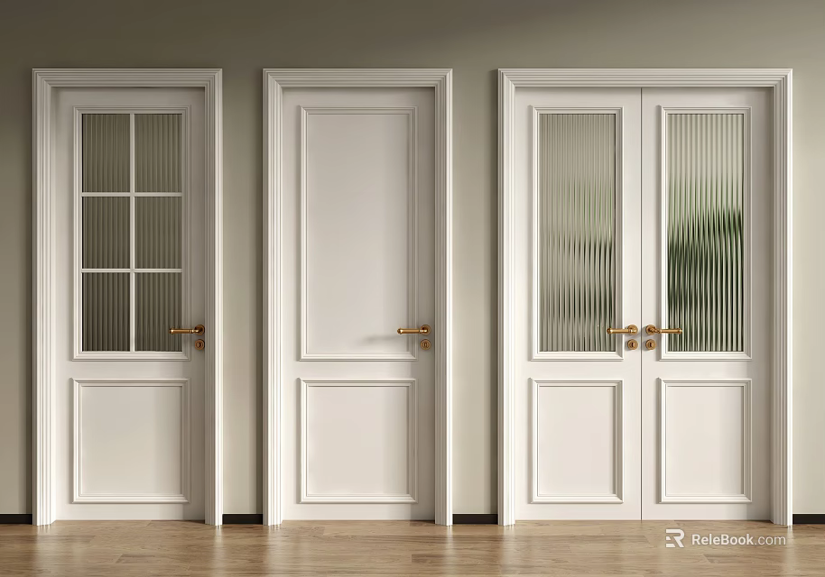 Modern White Hinged Doors Interior Design With Glass Panels And Brass Handles 3d model 