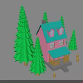 Pink House With Blue Roof And Wooden Porch Surrounded By Green Pine Trees