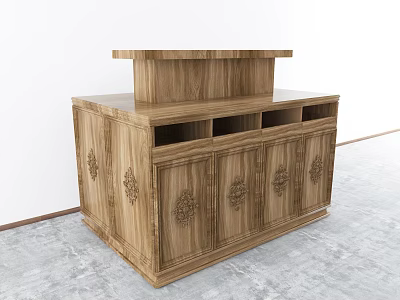 Wooden TV Stand With Carved Patterns Upper Shelf And Storage Cabinets 3d model