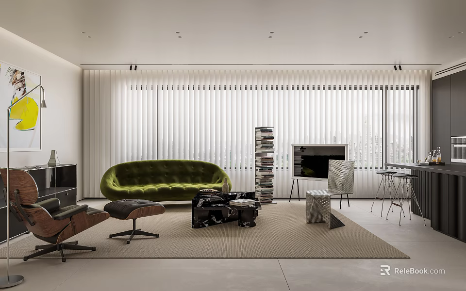 Modern Living and Dining Room Interior With Green Sofa Bookshelf TV And Dining Table 3d model 