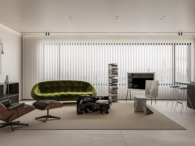 Modern Living and Dining Room Interior With Green Sofa Bookshelf TV And Dining Table 3d model