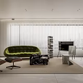 Modern Living and Dining Room Interior With Green Sofa Bookshelf TV And Dining Table