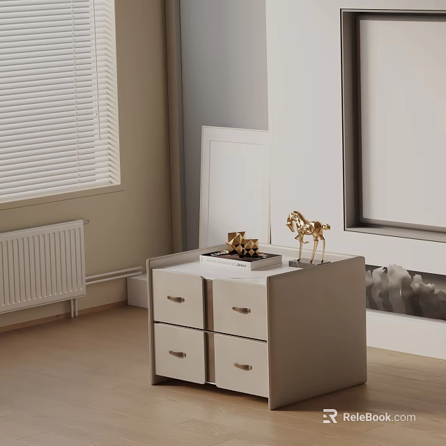 Modern Beige Bedside Table with Four Drawers and Golden Horse Decor in Cozy Bedroom 3d model 