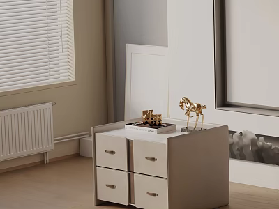 Modern Beige Bedside Table with Four Drawers and Golden Horse Decor in Cozy Bedroom 3d model