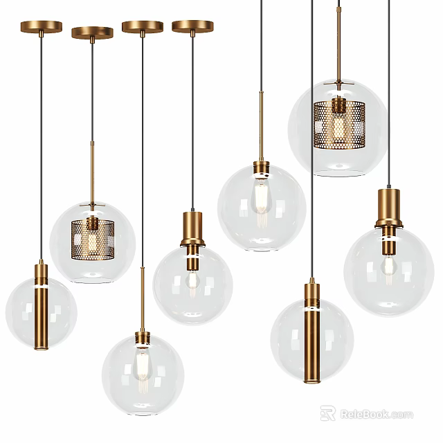 Modern Pendant Lights With Transparent Glass Balls And Golden Brass Metal Frames 3d model 