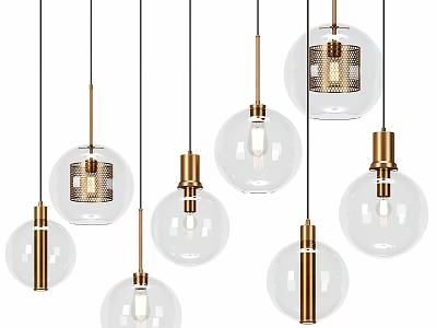 Modern Pendant Lights With Transparent Glass Balls And Golden Brass Metal Frames 3d model