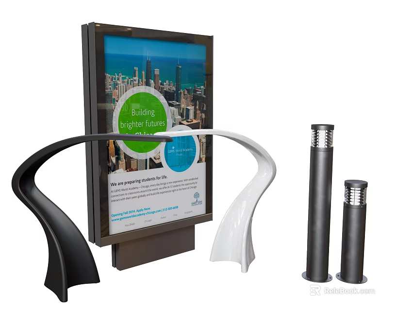 Modern Urban Road Facilities With Billboard Curved Structures And Lamp Posts 3d model 