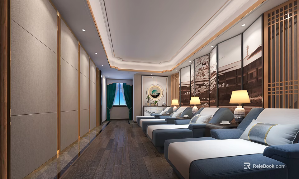 SPA Sauna Relaxation Space With Comfortable Loungers Ambient Lighting And Decorative Paintings 3d model 