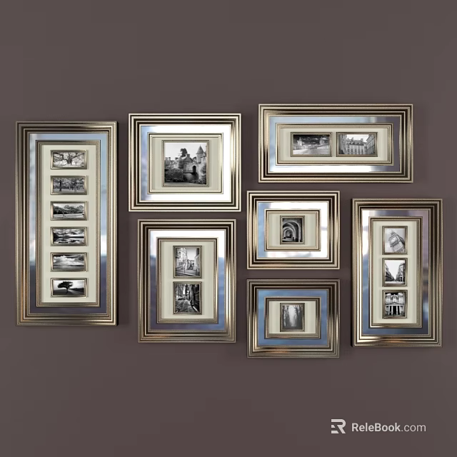 Multiple Golden Framed Landscape Paintings With Classic Black And White Scenes 3d model 