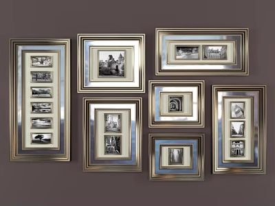 Multiple Golden Framed Landscape Paintings With Classic Black And White Scenes 3d model