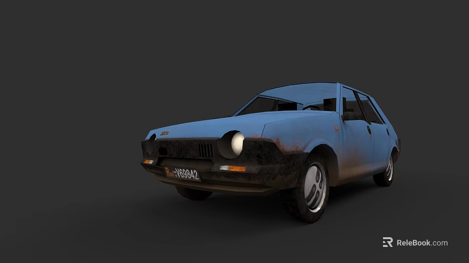 Old Rusty Blue Car With Damaged Front And Safari License Plate 3d model 