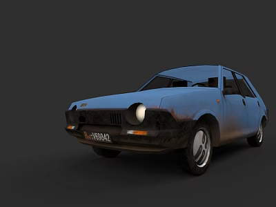 Old Rusty Blue Car With Damaged Front And Safari License Plate 3d model