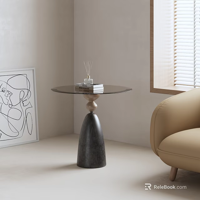 Beige Single Sofa in Modern Interior with Round Glass Table Scented Diffuser and Abstract Drawing 3d model 