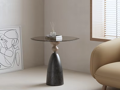 Beige Single Sofa in Modern Interior with Round Glass Table Scented Diffuser and Abstract Drawing 3d model