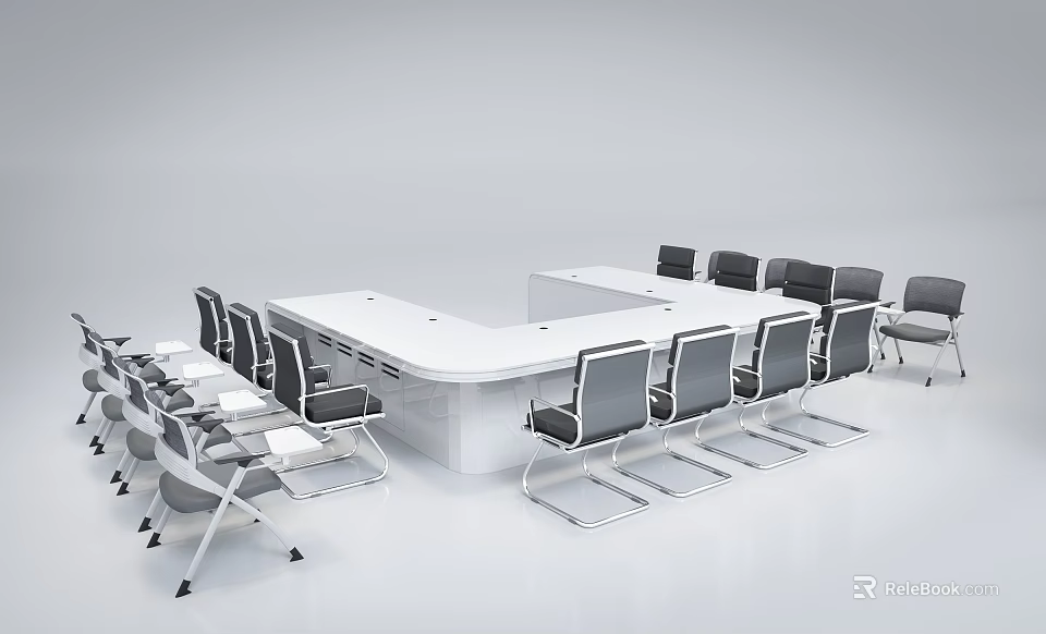 Modern Conference Room Interior Design With White Table And Gray Chairs 3d model