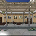 Traditional Chinese Hall Interior With Wooden Structure Inscribed Board And Display Cabinets