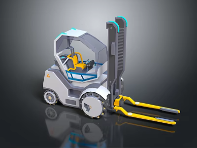 Modern 3D Rendered Forklift With Yellow Forks Gray Cab And Blue Accents 3d model
